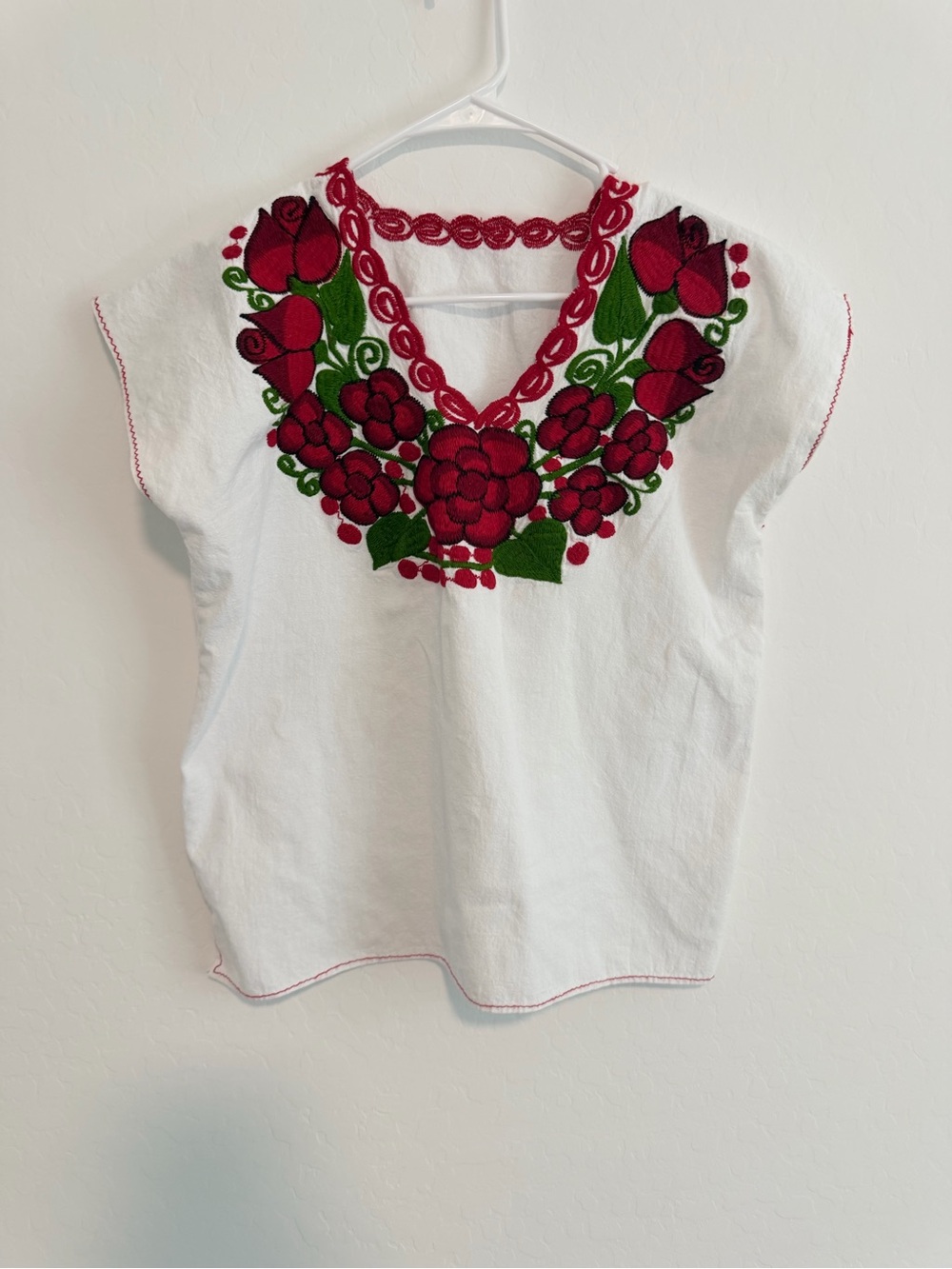 White Girls' Embroidered Floral Top - Red & Green Accent